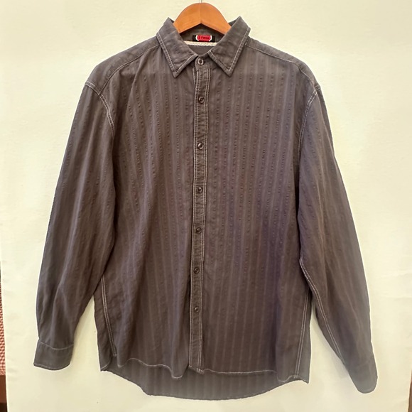 2 Faces Other - 2 Faces Mens Large Charcoal Gray Textured Stripe Cotton Button Down Shirt L